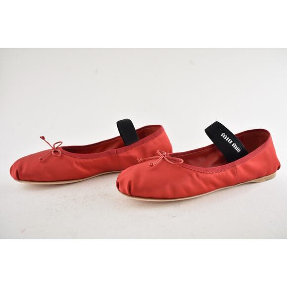 Miu Miu Satin Rosso Red Black White Logo Strap Bow Ballet Ballerina Flats 39 - Picture 15 of 16